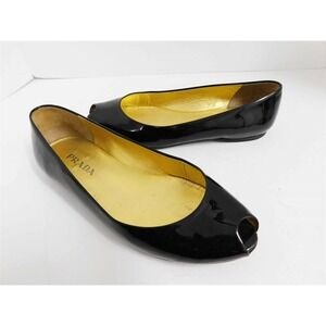 Prada Black Patent‎ Leather Peep Toe Flats Italy 36.5